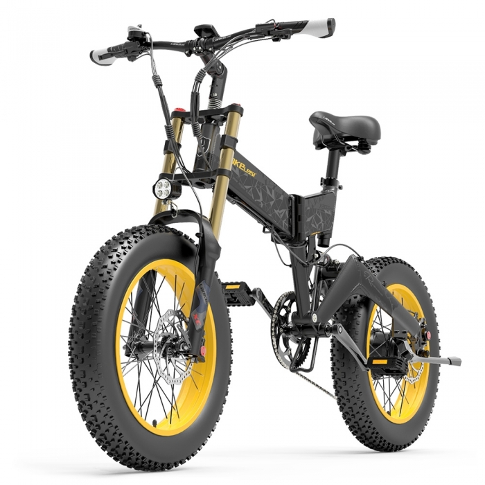 LANKELEISI X3000 Plus Folding Electric Mountain Bike Big Fork 20*4.0 Inch Fat Tires 48V 1000W Motor 17.5Ah Battery 43Km/h Max Speed Shimano 7-Speed Gear IP54 Waterproof – Black & Yellow