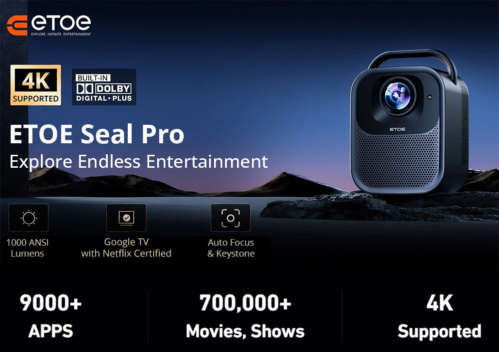 1000 ANSI LCD-projector ETOE Seal Pro, Native 1080P, Google TV, Auto Focus, Auto Keystone Correction